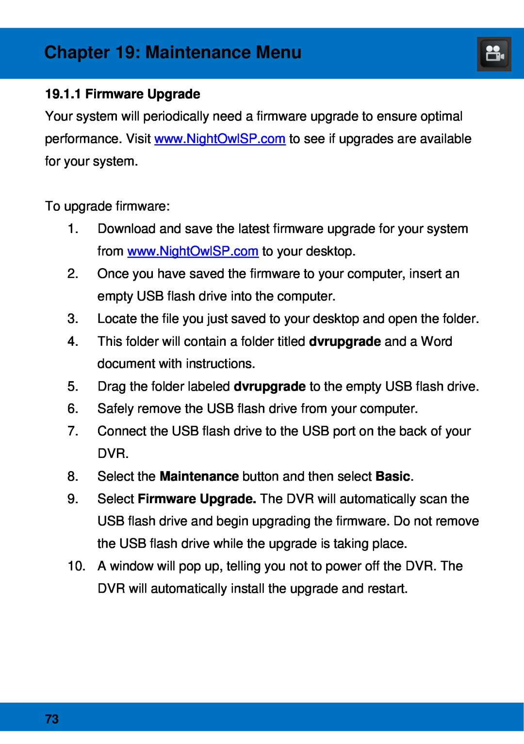 Night Owl Optics BJPRO-86-1TB, Night Owl Pro Remote Access manual Firmware Upgrade, Maintenance Menu 