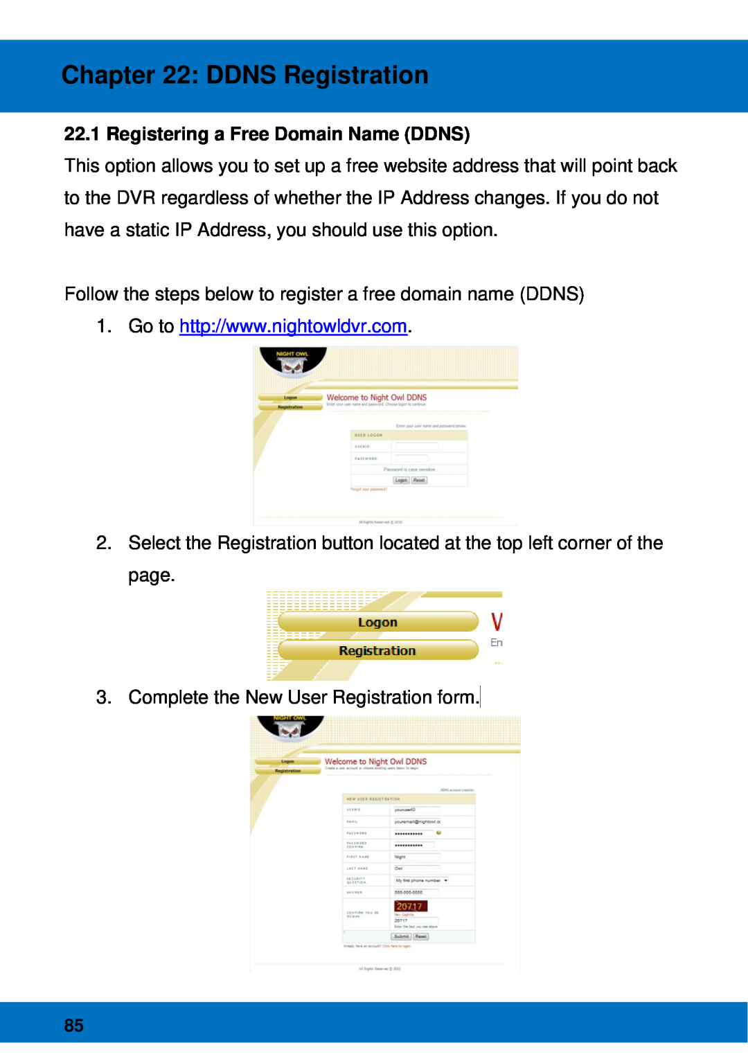 Night Owl Optics BJPRO-86-1TB, Night Owl Pro Remote Access manual DDNS Registration, Registering a Free Domain Name DDNS 