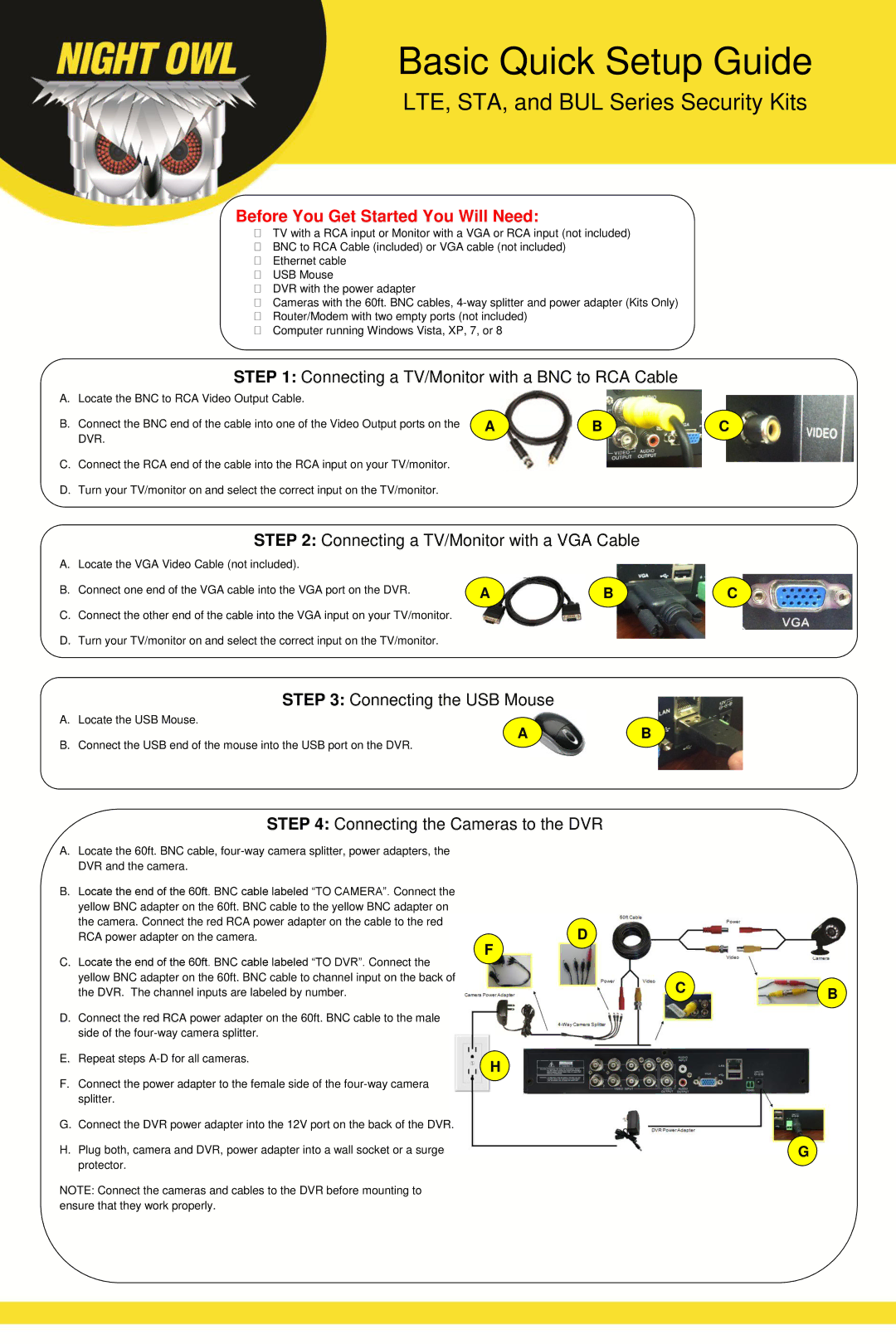 Night Owl Optics LTE setup guide Connecting a TV/Monitor with a BNC to RCA Cable, Connecting a TV/Monitor with a VGA Cable 