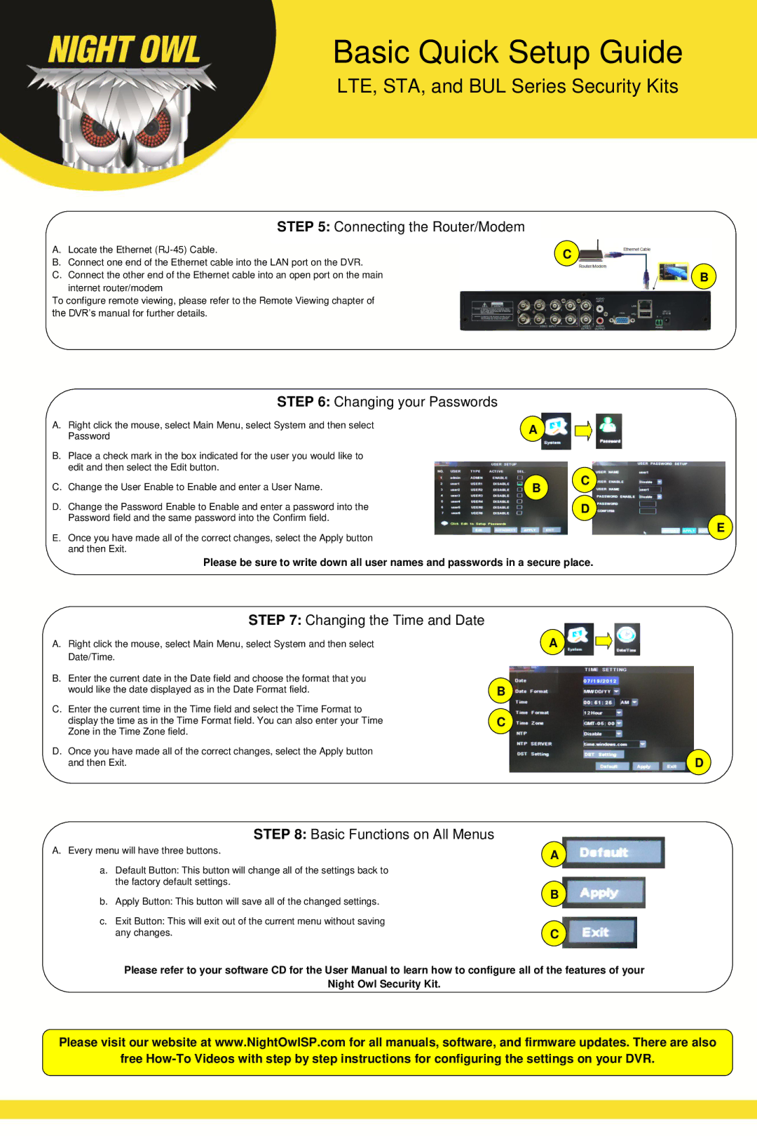 Night Owl Optics STA, BUL, LTE setup guide Connecting the Router/Modem, Changing your Passwords, Changing the Time and Date 