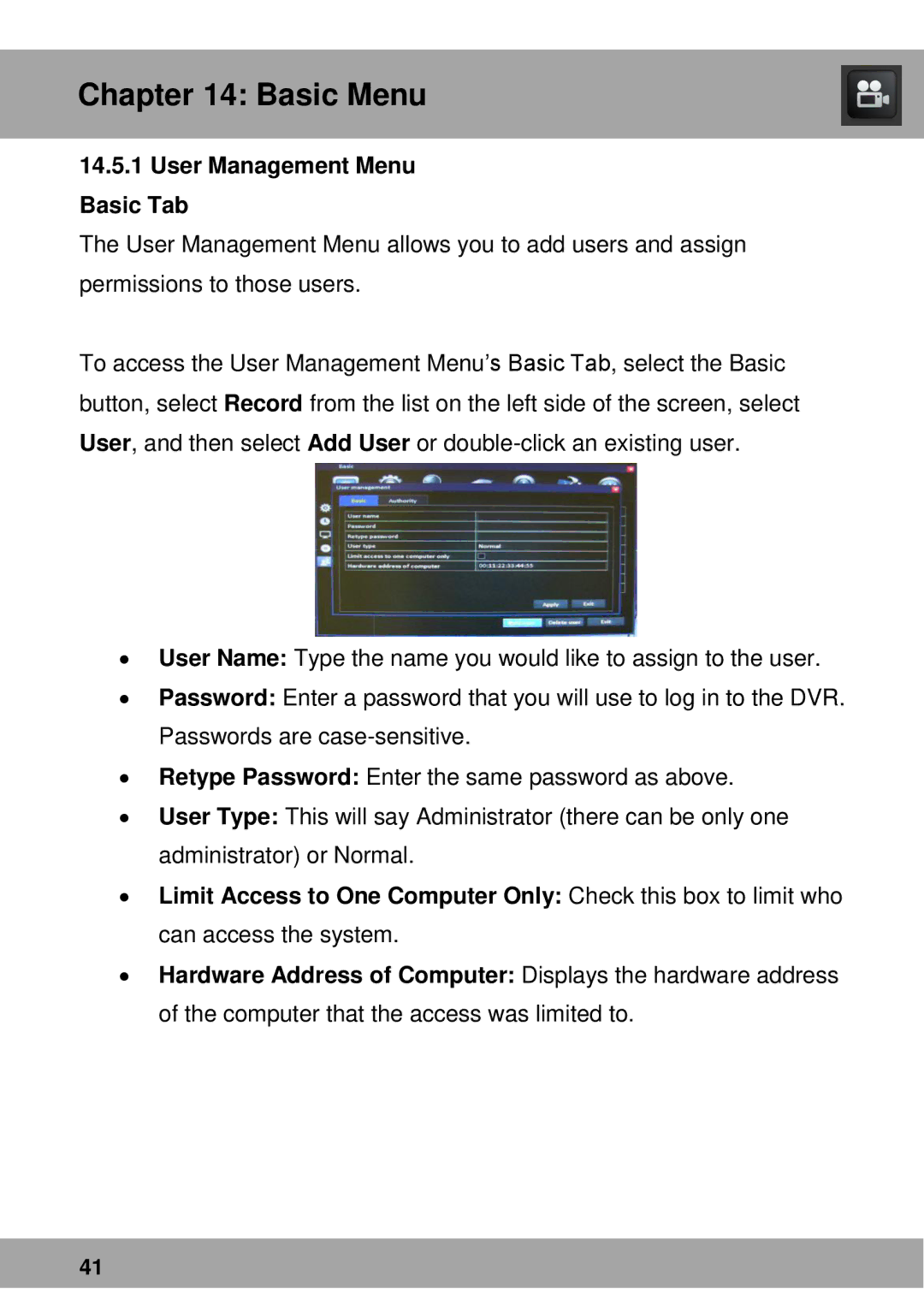 Night Owl Optics Advantage Series, Complete Security Solution manual User Management Menu Basic Tab 