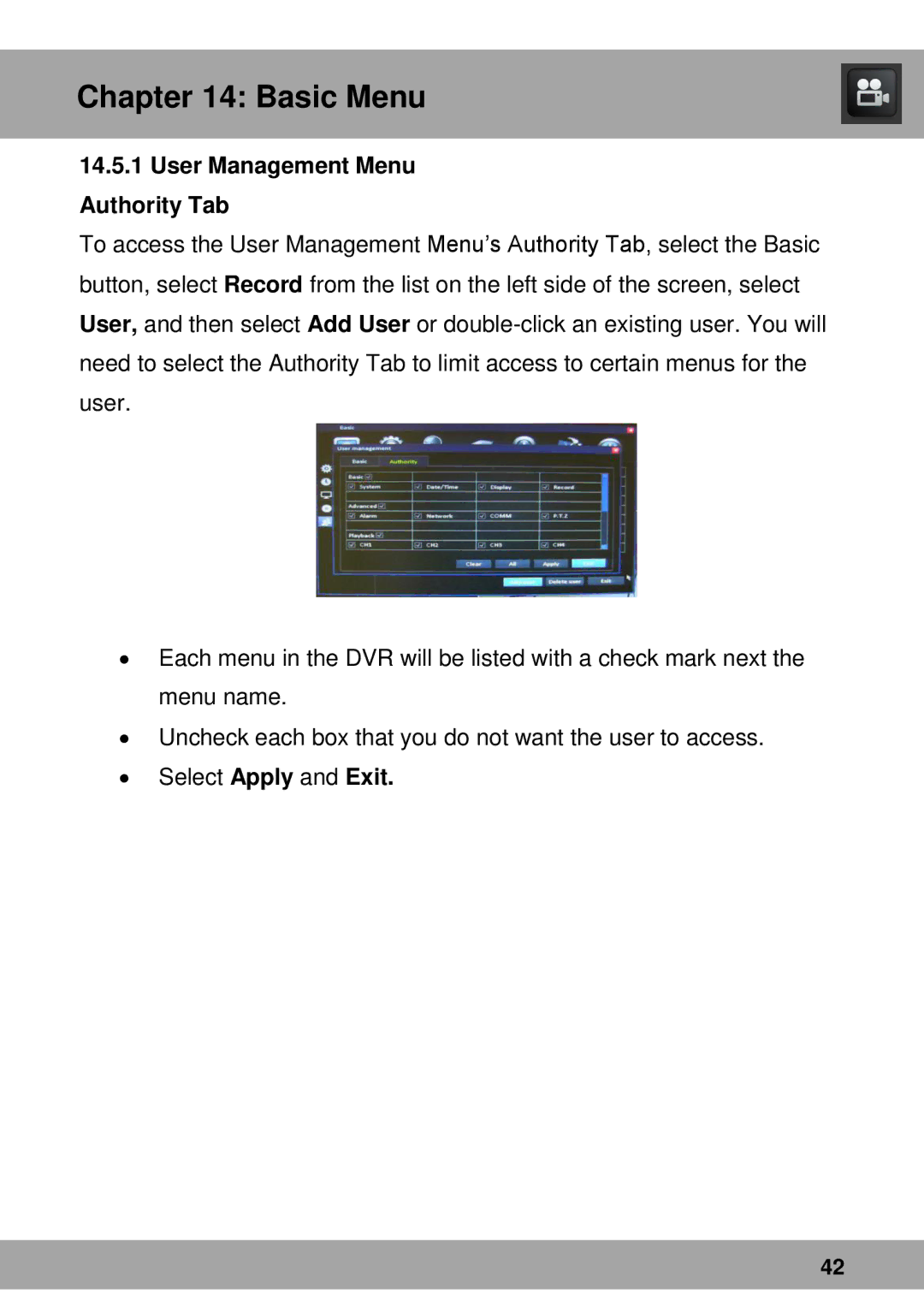 Night Owl Optics Complete Security Solution, Advantage Series manual User Management Menu Authority Tab 