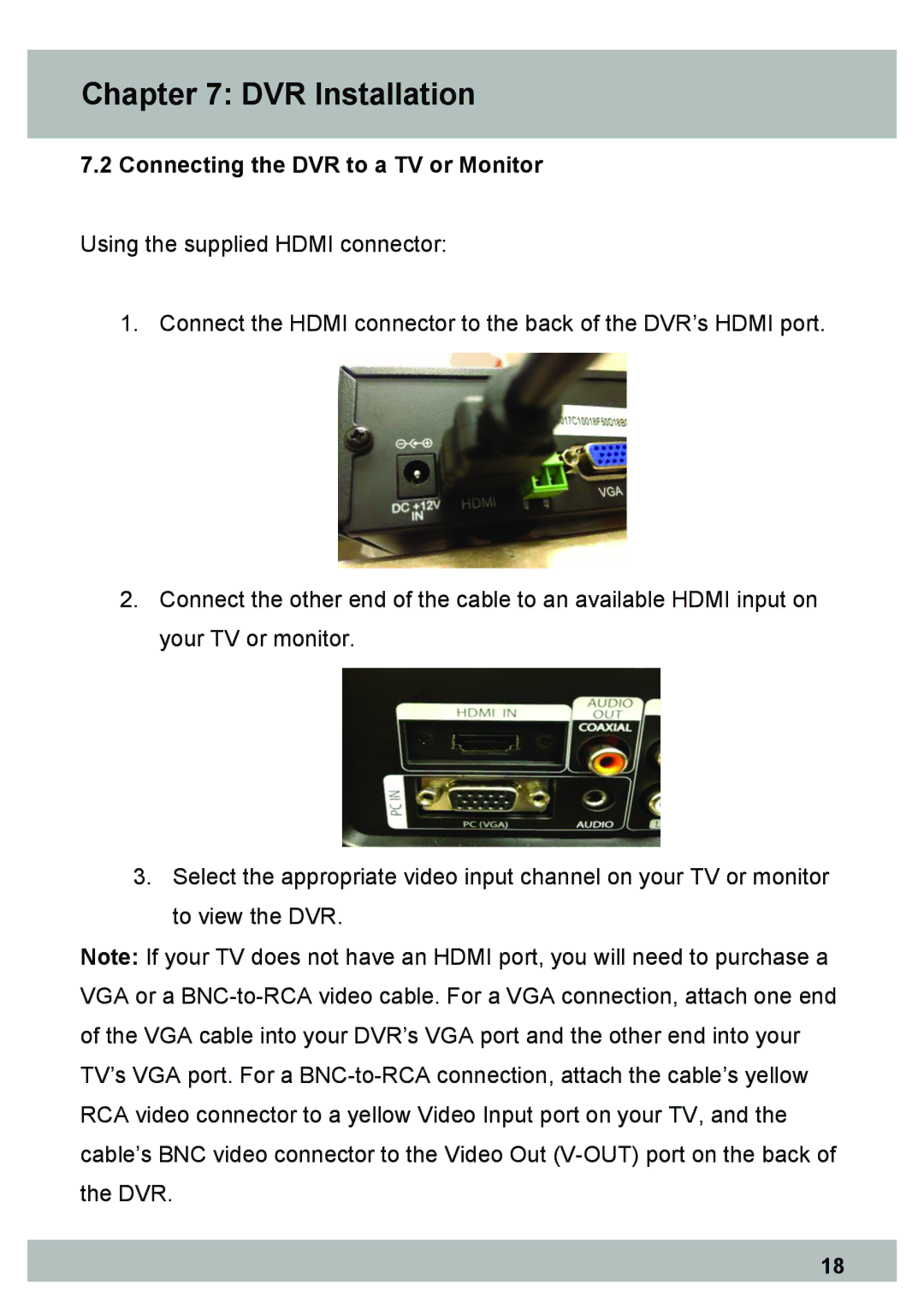 Night Owl Optics DVR Security Kit, Elite Series 8CH, PRO Series 8CH manual Connecting the DVR to a TV or Monitor 