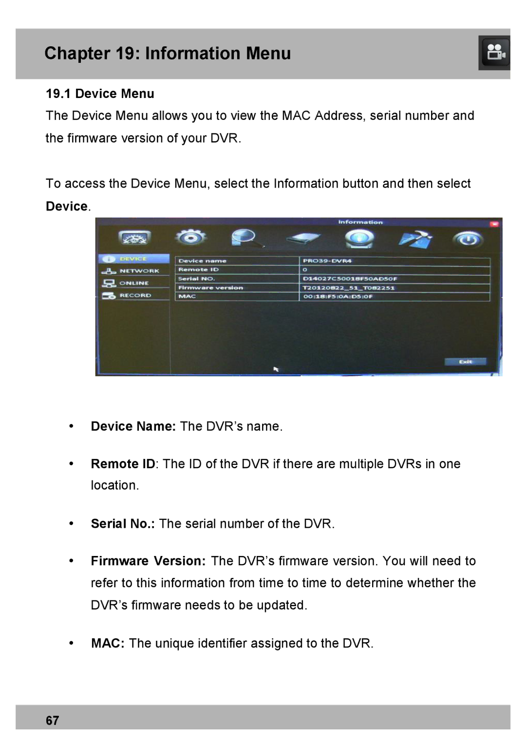 Night Owl Optics Elite Series 8CH, DVR Security Kit, PRO Series 8CH manual Device Menu 