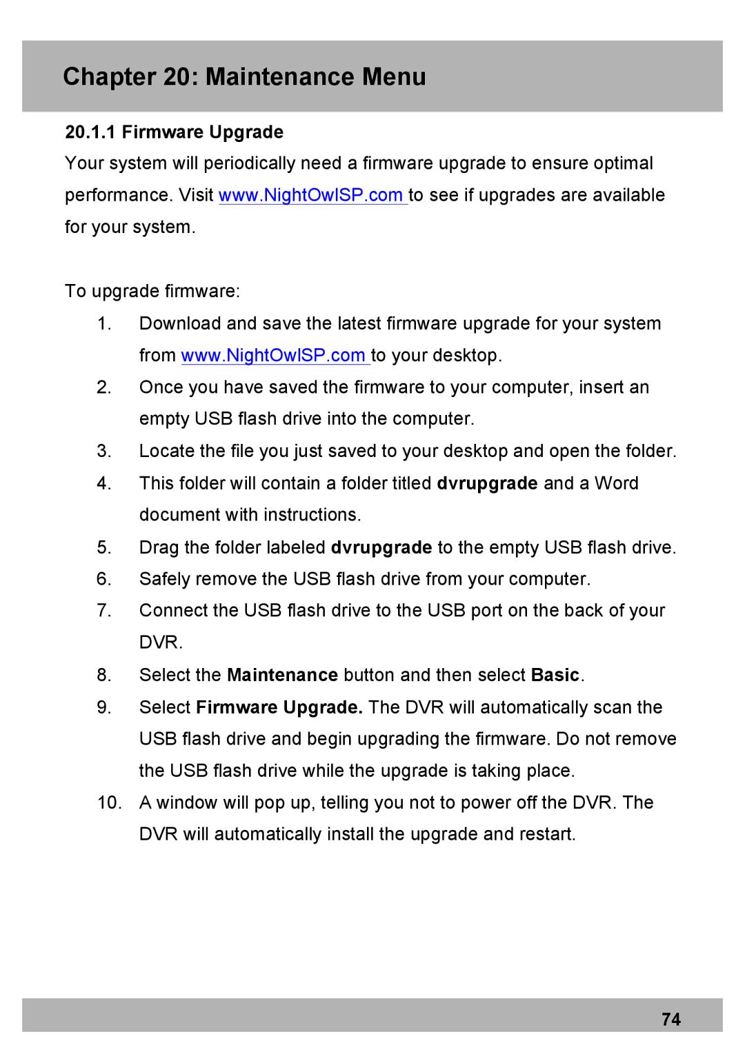 Night Owl Optics PRO Series 8CH, DVR Security Kit, Elite Series 8CH manual Firmware Upgrade 