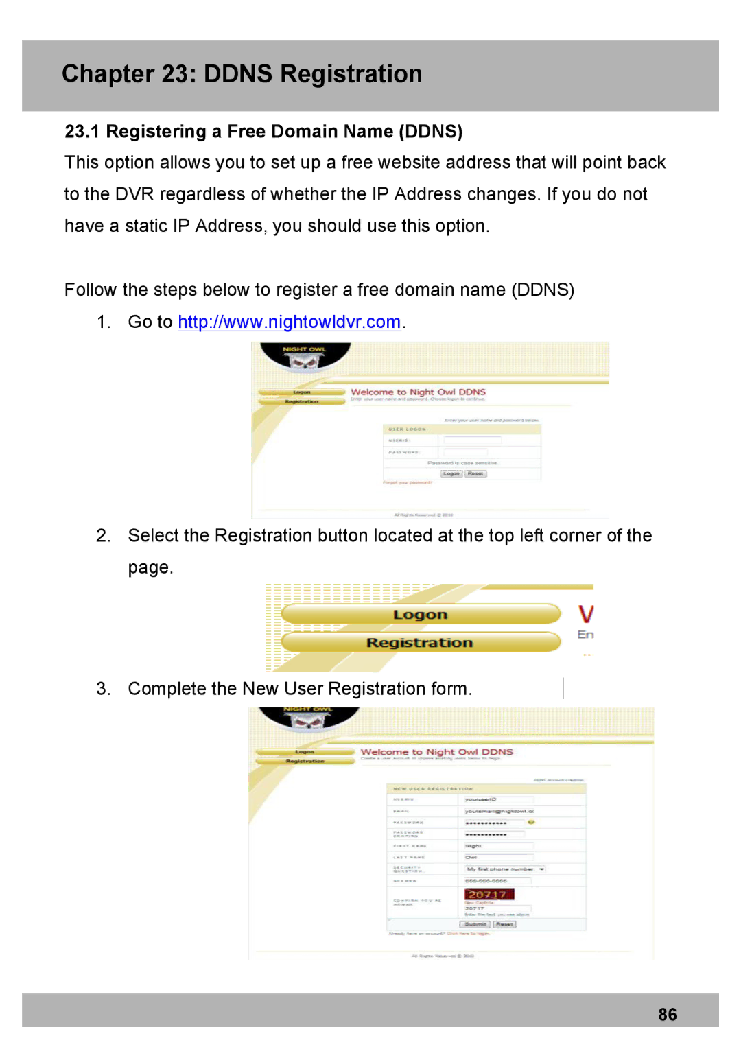 Night Owl Optics PRO Series 8CH, DVR Security Kit, Elite Series 8CH Ddns Registration, Registering a Free Domain Name Ddns 