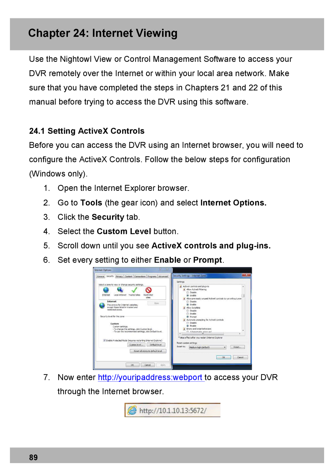 Night Owl Optics PRO Series 8CH, DVR Security Kit, Elite Series 8CH manual Internet Viewing, Setting ActiveX Controls 