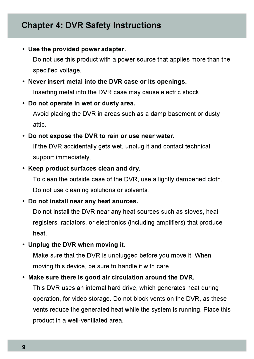 Night Owl Optics DVR Security Kit, Elite Series 8CH, PRO Series 8CH manual DVR Safety Instructions 