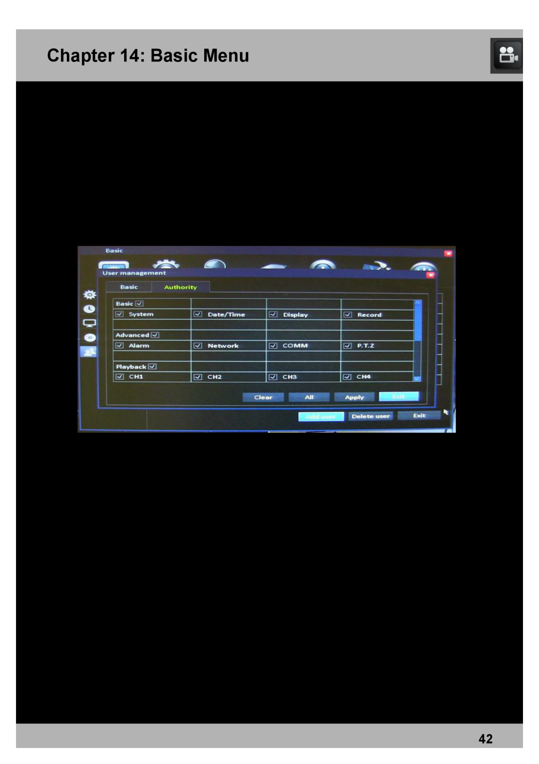 Night Owl Optics DVR Security Kit, Elite Series 8CH, PRO Series 8CH 14.5.1User Management Menu Authority Tab, Basic Menu 