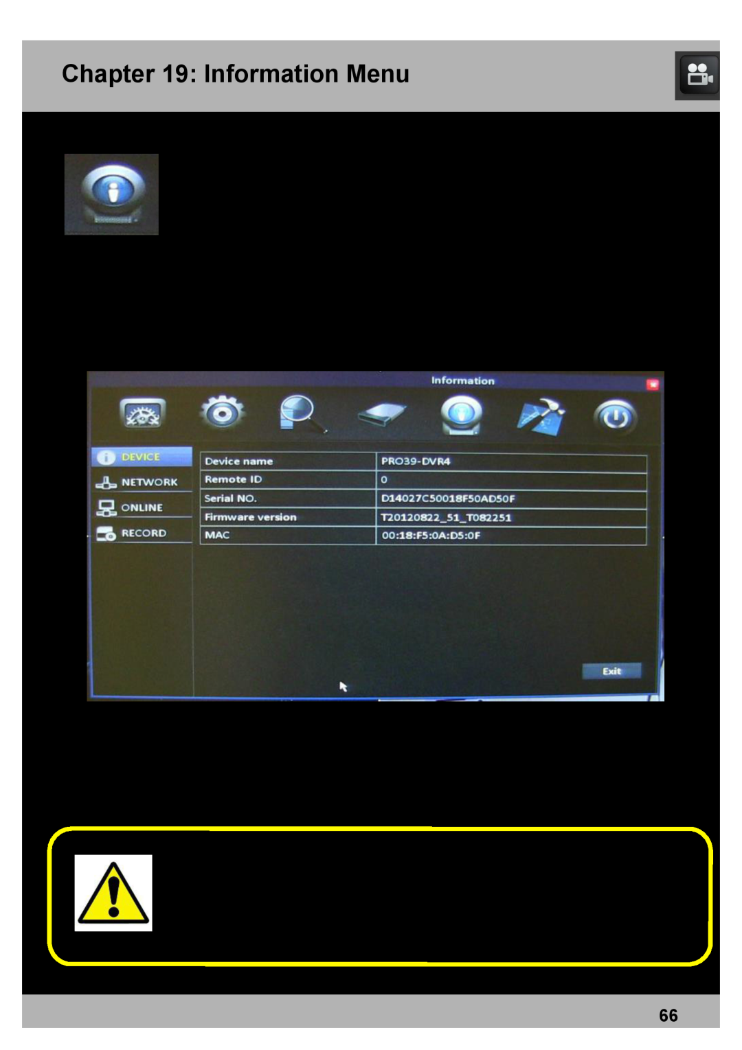 Night Owl Optics DVR Security Kit, Elite Series 8CH, PRO Series 8CH manual Information Menu 