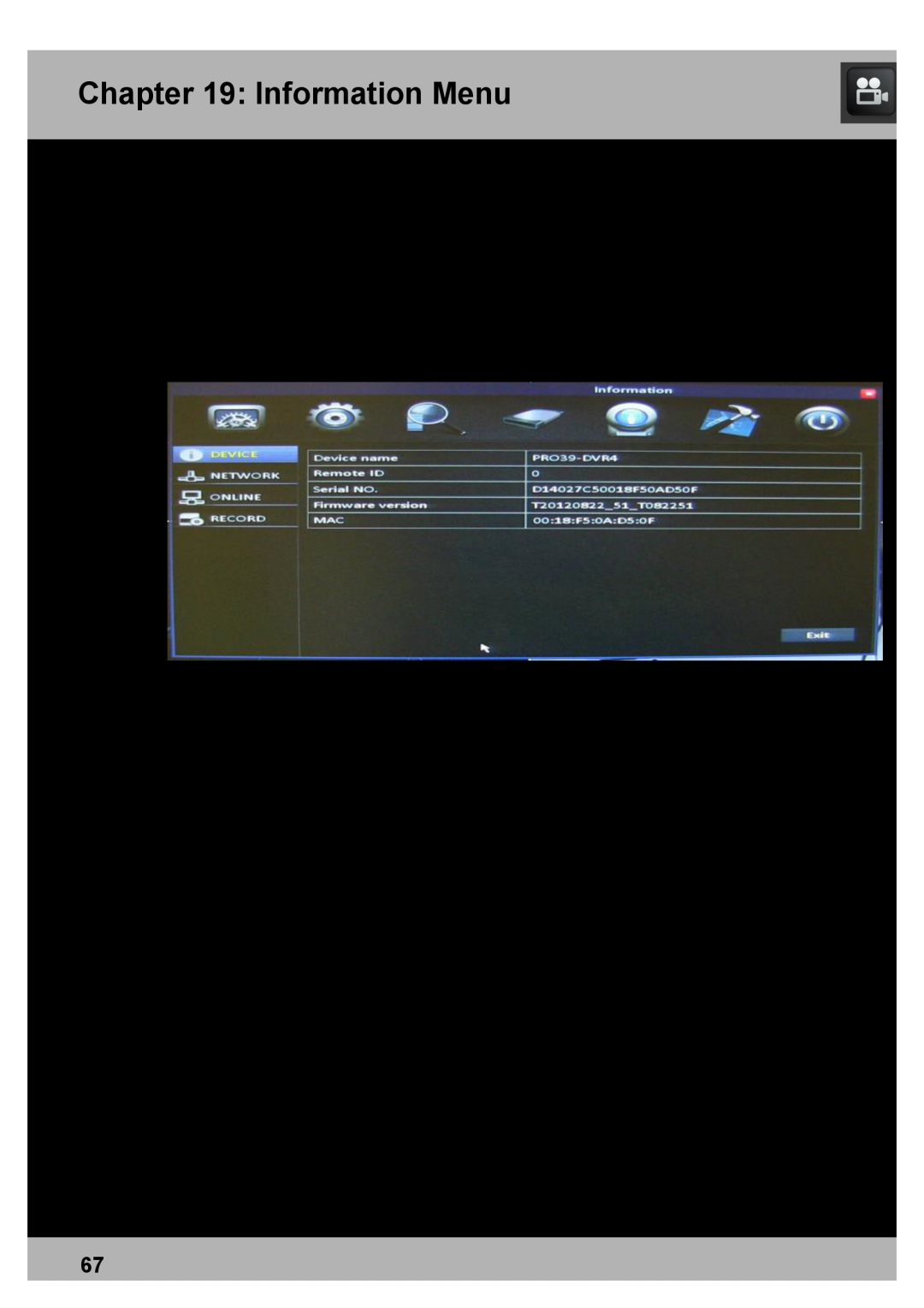 Night Owl Optics Elite Series 8CH, DVR Security Kit, PRO Series 8CH manual Device Menu, Information Menu 