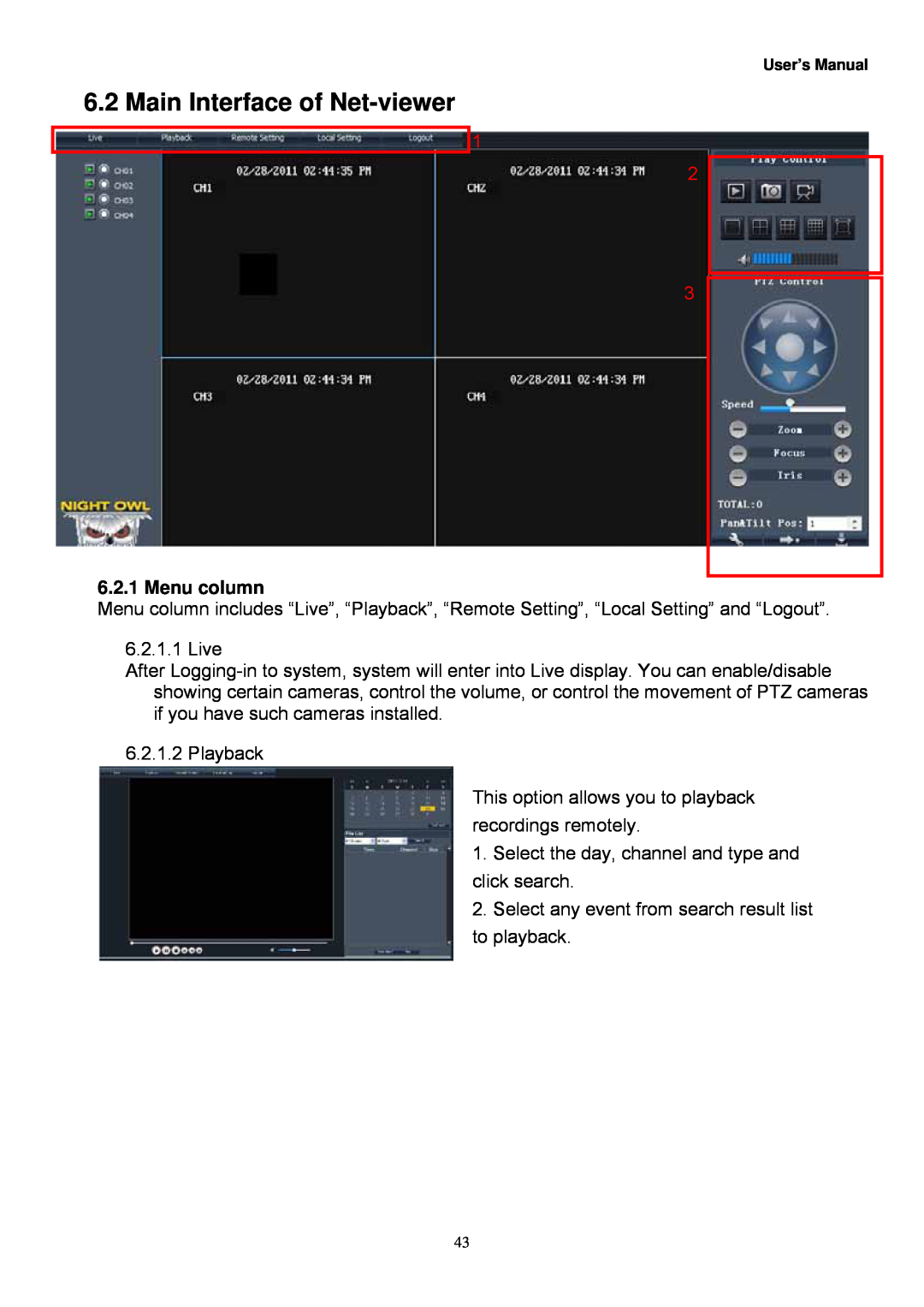 Night Owl Optics 4BL, Night Owl manual Menu column, Main Interface of Net-viewer 