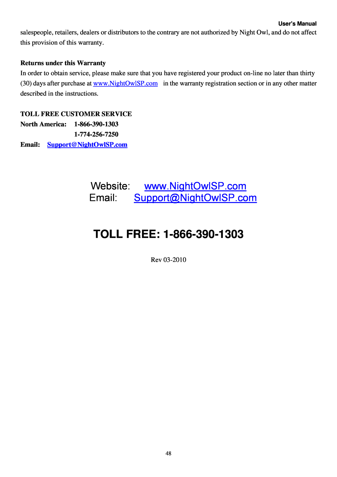 Night Owl Optics Night Owl, 4BL manual Returns under this Warranty, TOLL FREE CUSTOMER SERVICE North America, Toll Free 