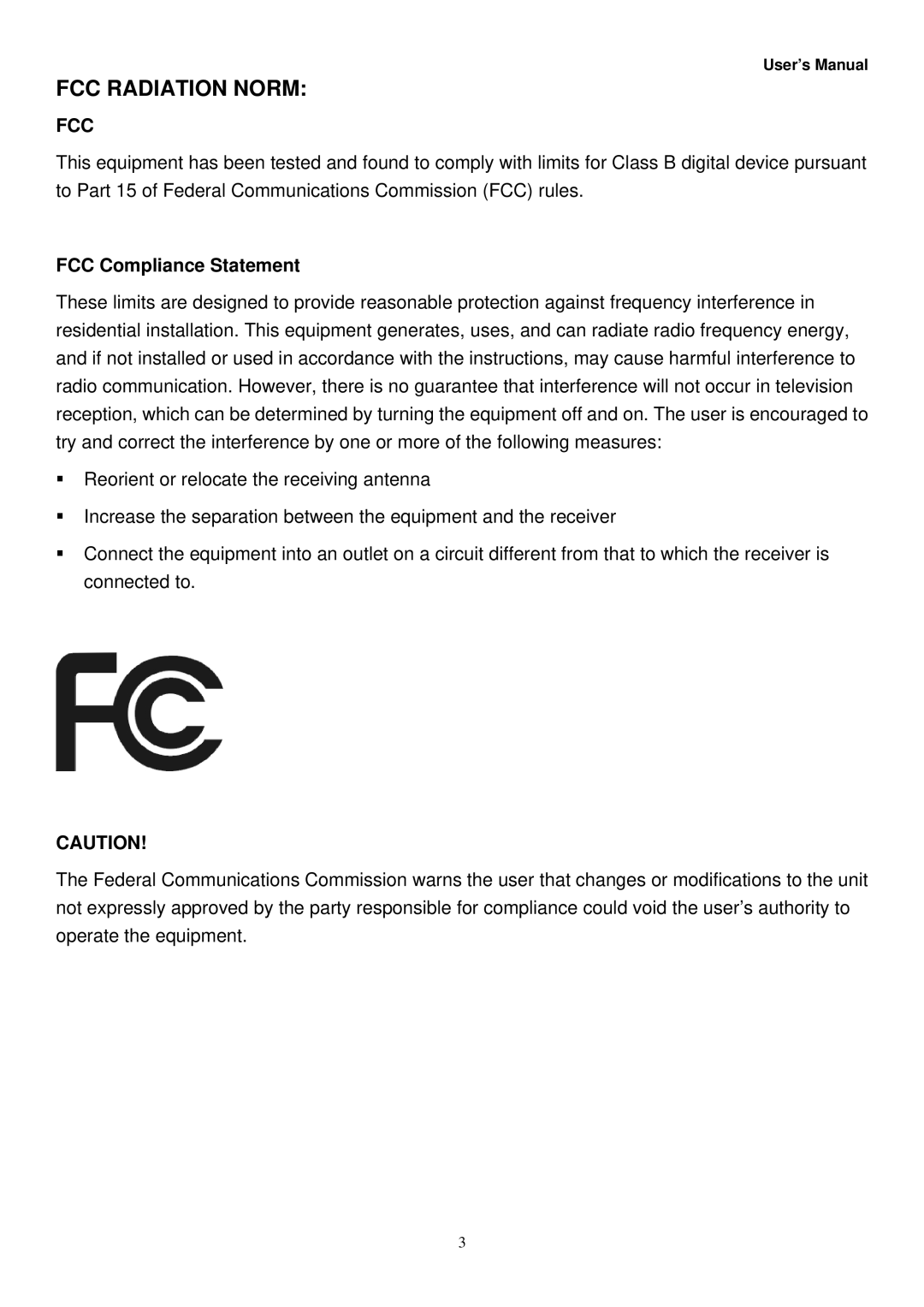 Night Owl Optics NO-8LCD manual FCC Radiation Norm, FCC Compliance Statement 