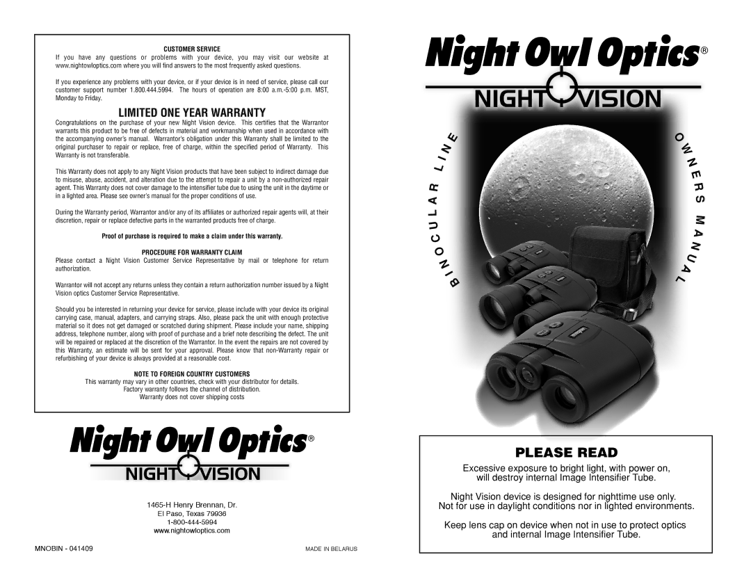 Night Owl Optics NOB5X warranty Please Read 