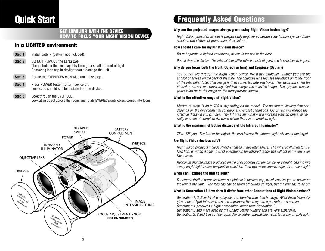 Night Owl Optics NOB5X warranty Frequently Asked Questions, A Lighted environment 