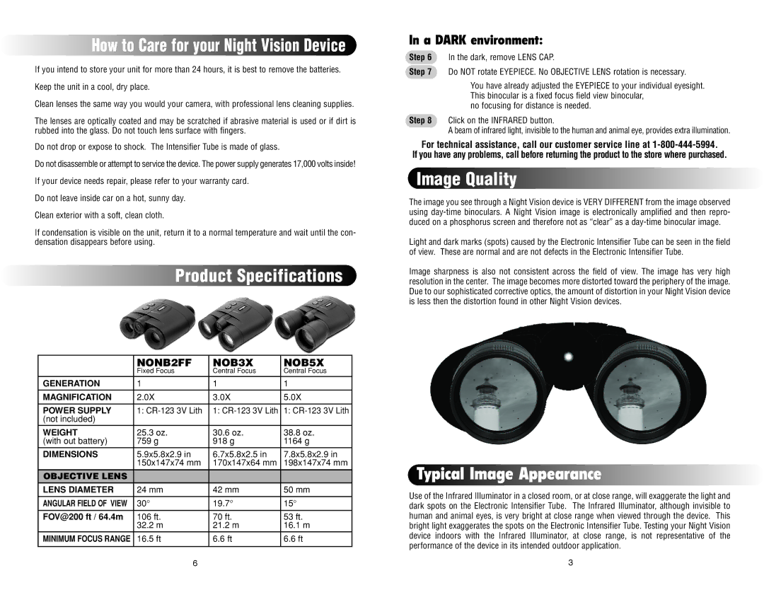 Night Owl Optics NOB5X How to Care for your Night Vision Device, Product Specifications, Image Quality, A Dark environment 