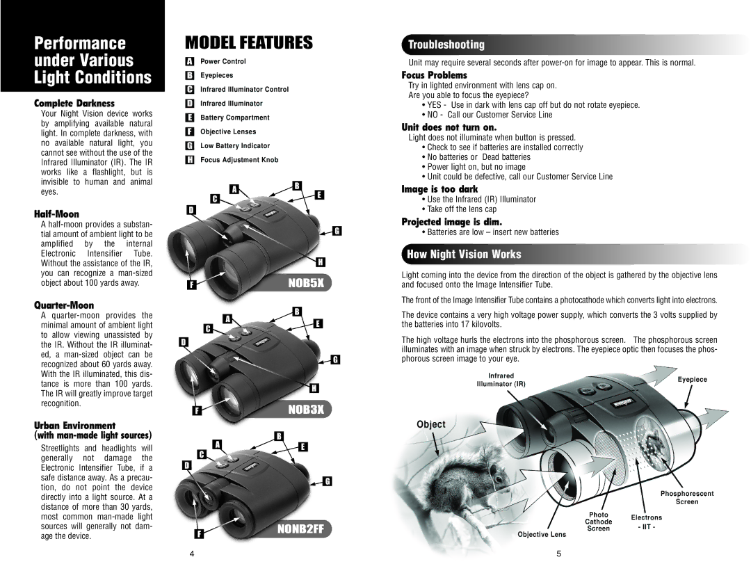 Night Owl Optics NOB5X warranty Model Features 