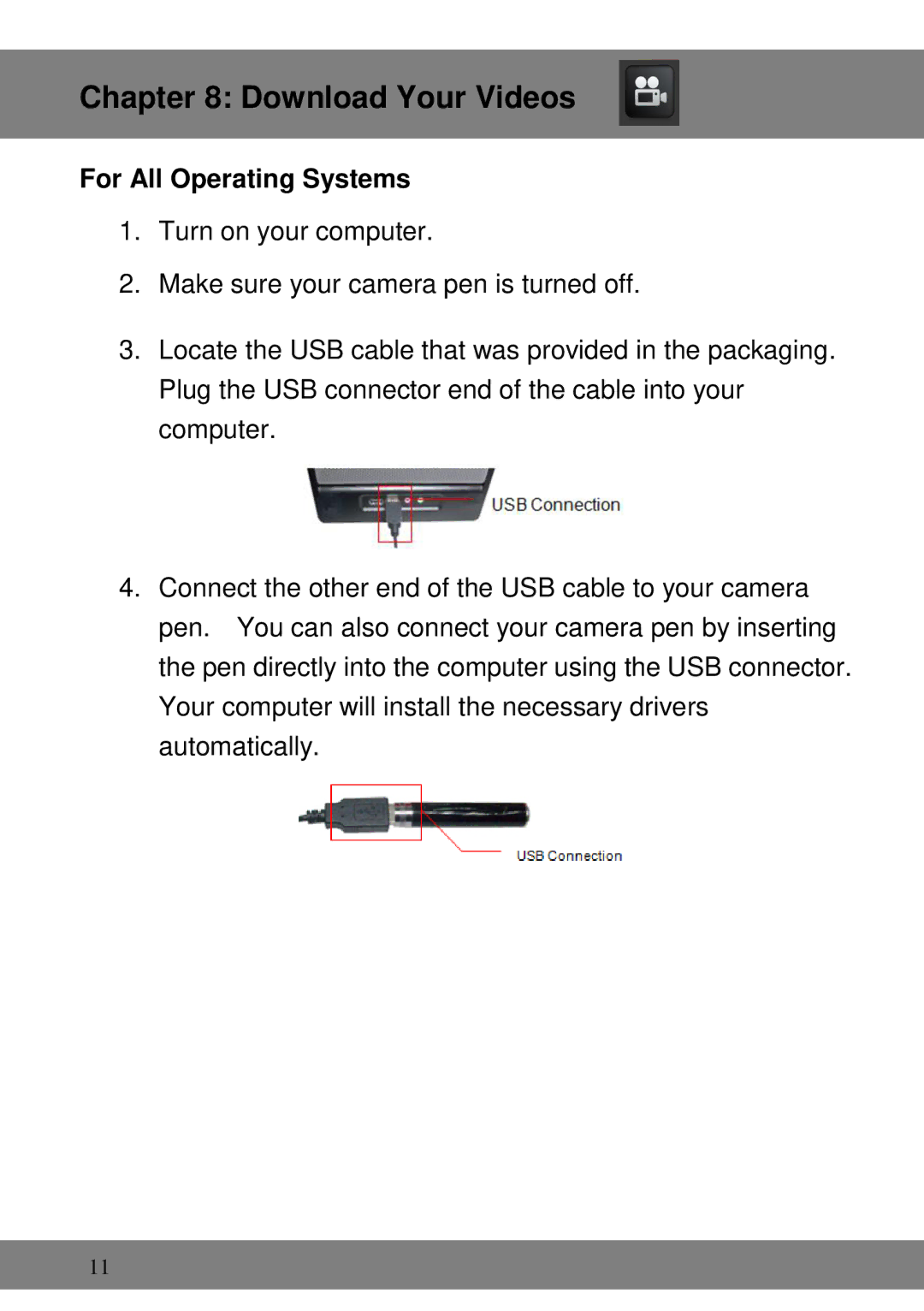 Night Owl Optics NOPEN-4GB-B, Executive Pen Camera manual Download Your Videos, For All Operating Systems 