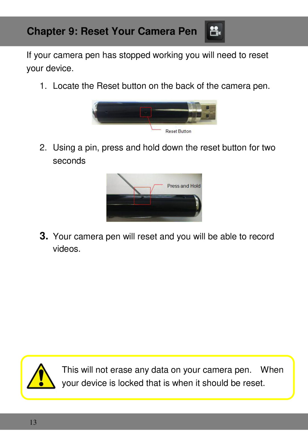 Night Owl Optics NOPEN-4GB-B, Executive Pen Camera manual Reset Your Camera Pen 