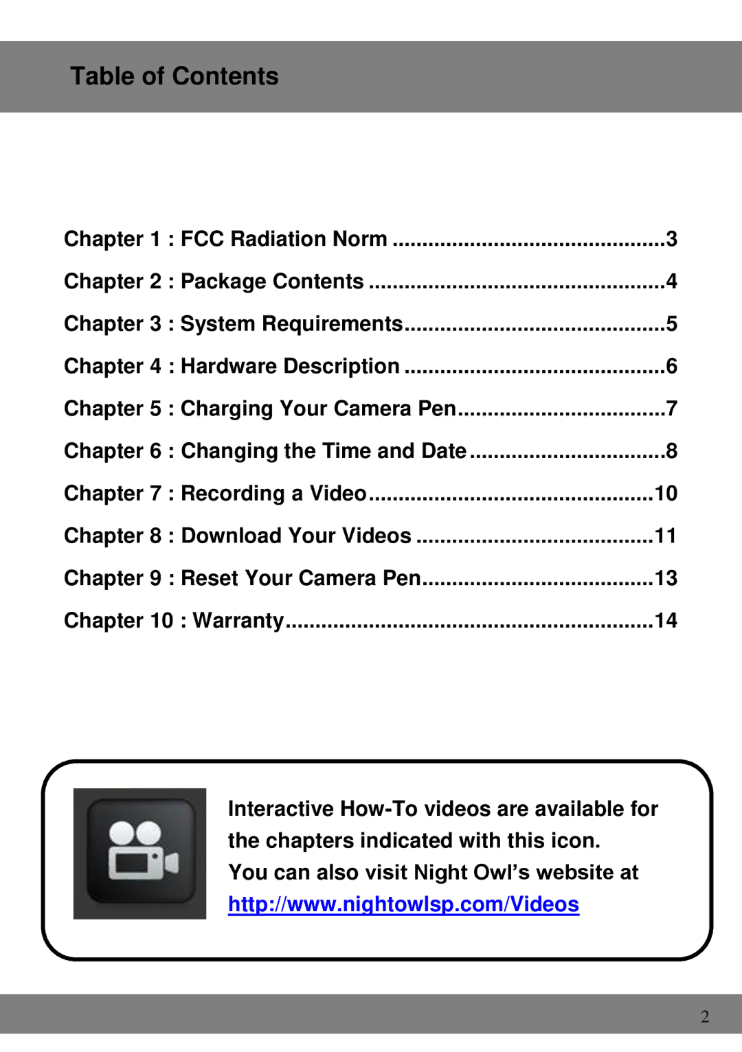 Night Owl Optics Executive Pen Camera, NOPEN-4GB-B manual Table of Contents 