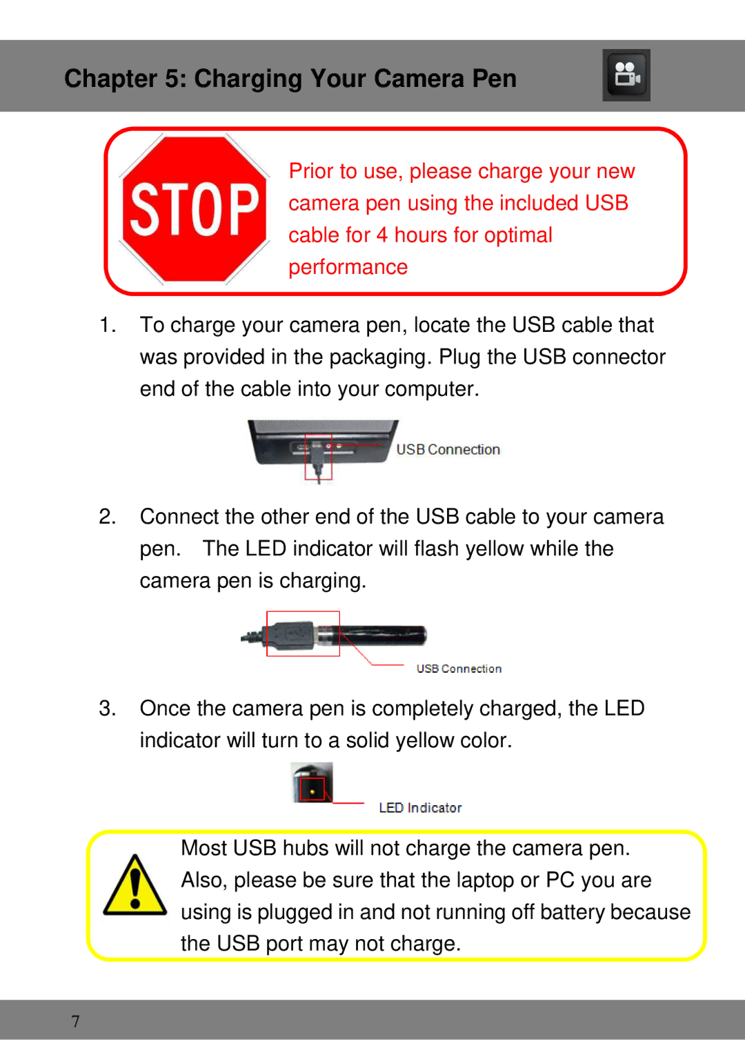 Night Owl Optics NOPEN-4GB-B, Executive Pen Camera manual Charging Your Camera Pen 