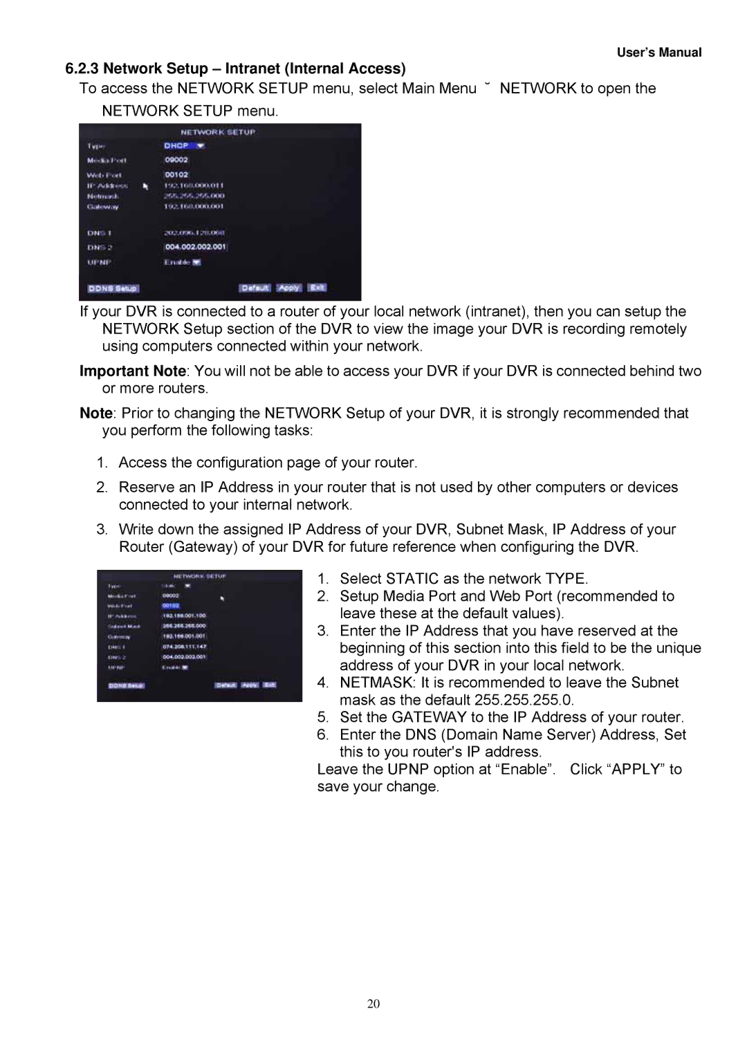 Night Owl Optics Zeus-DVR5, Zeus-DVR10, Digital Video Recorder manual Network Setup Intranet Internal Access 