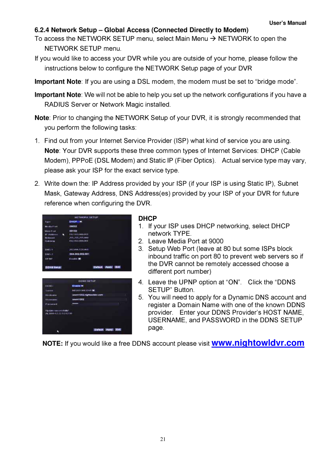 Night Owl Optics Digital Video Recorder, Zeus-DVR5 manual Network Setup Global Access Connected Directly to Modem, Dhcp 