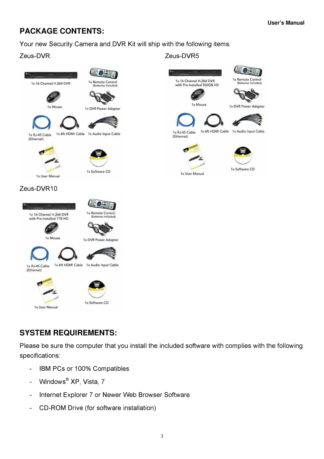 Night Owl Optics Zeus-DVR10, Zeus-DVR5, Digital Video Recorder manual Package Contents, System Requirements 