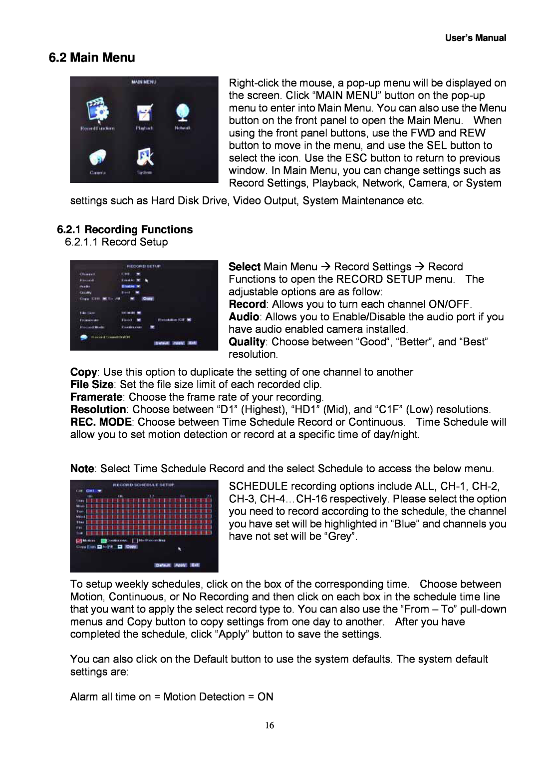Night Owl Optics Zeus-DVR5, Zeus-DVR10, Digital Video Recorder manual Main Menu, Recording Functions 