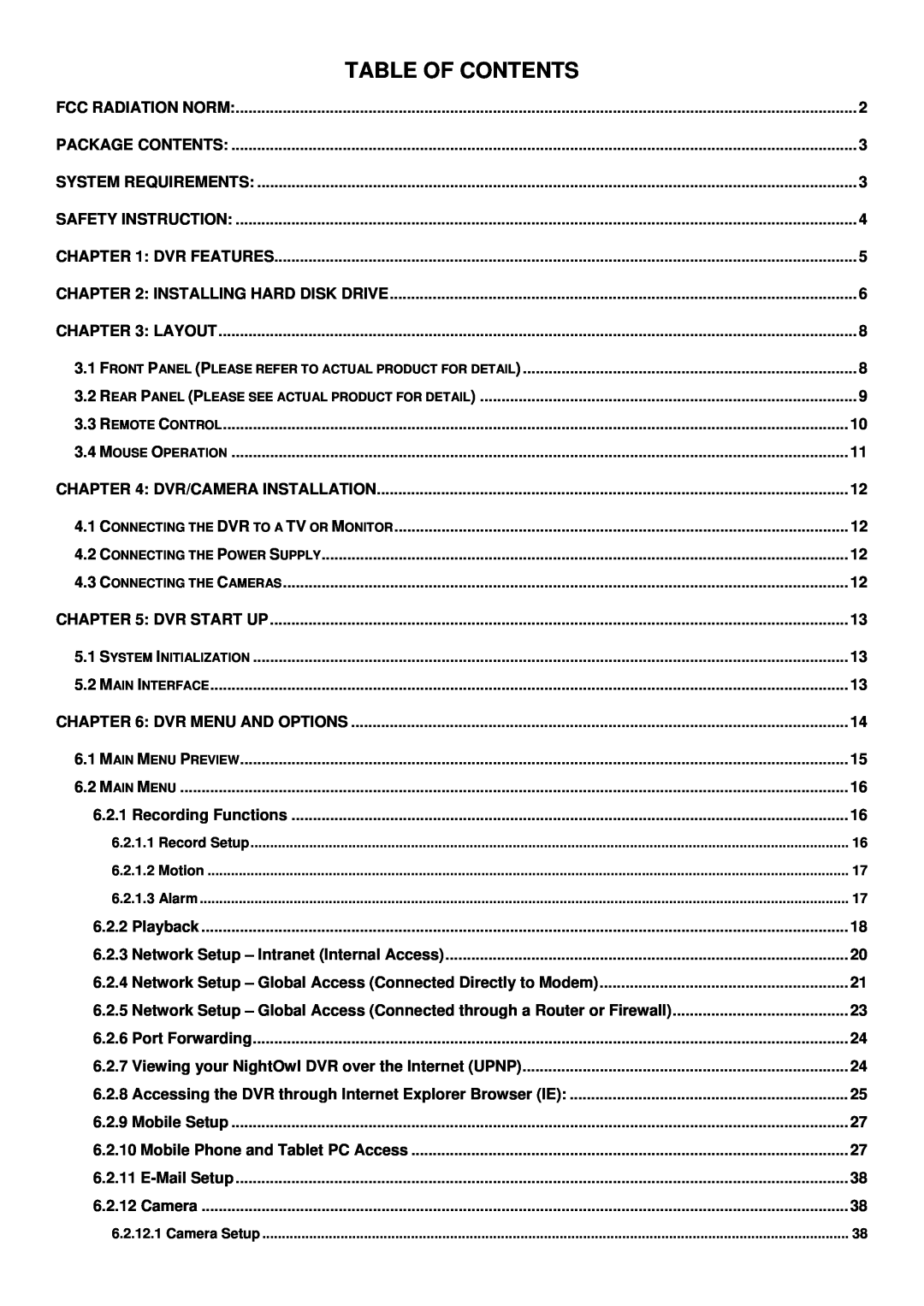 Night Owl Optics Zeus-DVR5, Zeus-DVR10, Digital Video Recorder manual Table Of Contents 