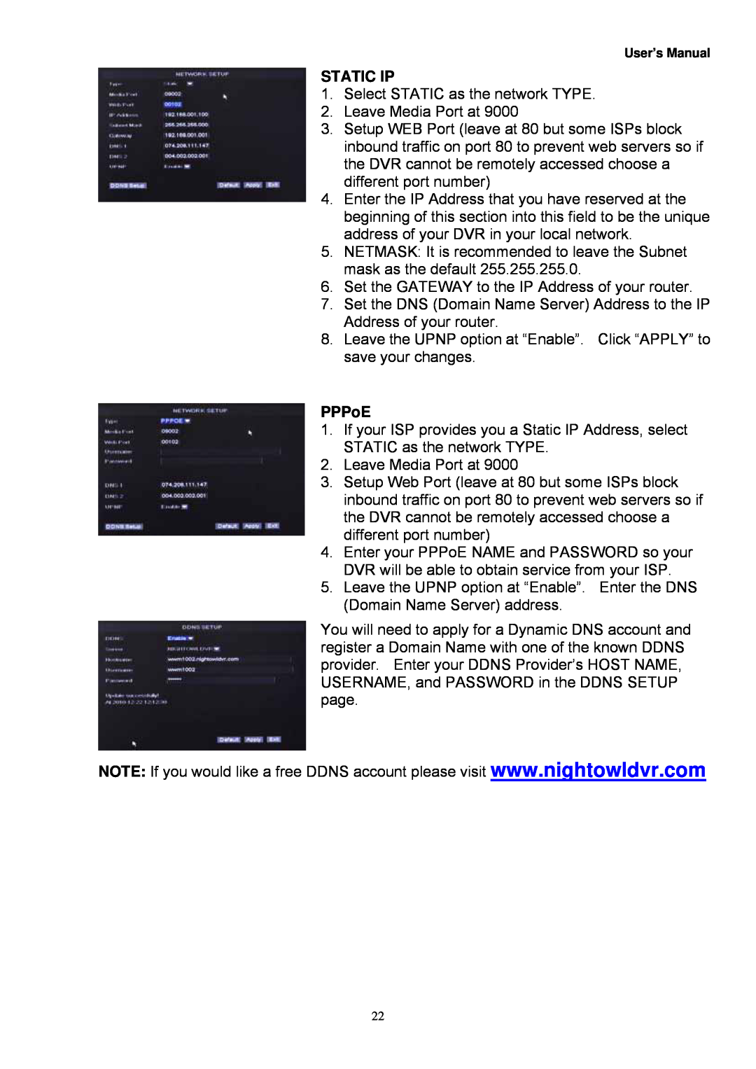 Night Owl Optics Zeus-DVR5, Zeus-DVR10, Digital Video Recorder manual Static Ip, PPPoE 