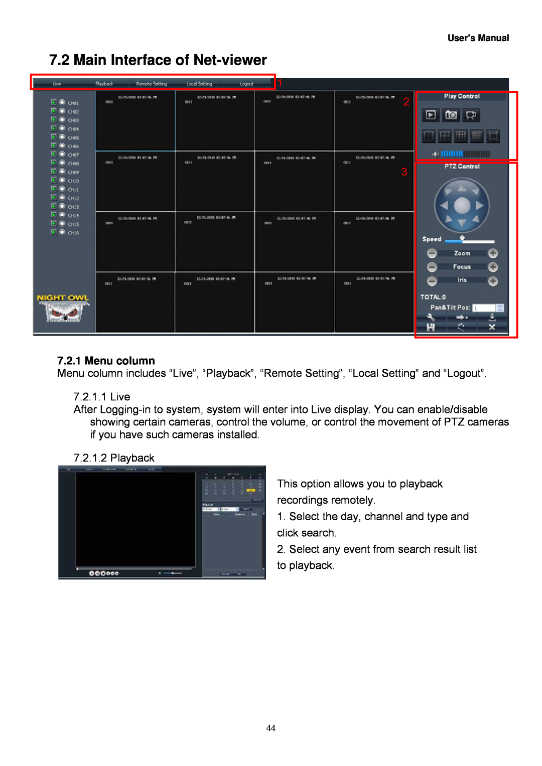Night Owl Optics Zeus-DVR5, Zeus-DVR10, Digital Video Recorder manual Menu column, Main Interface of Net-viewer 