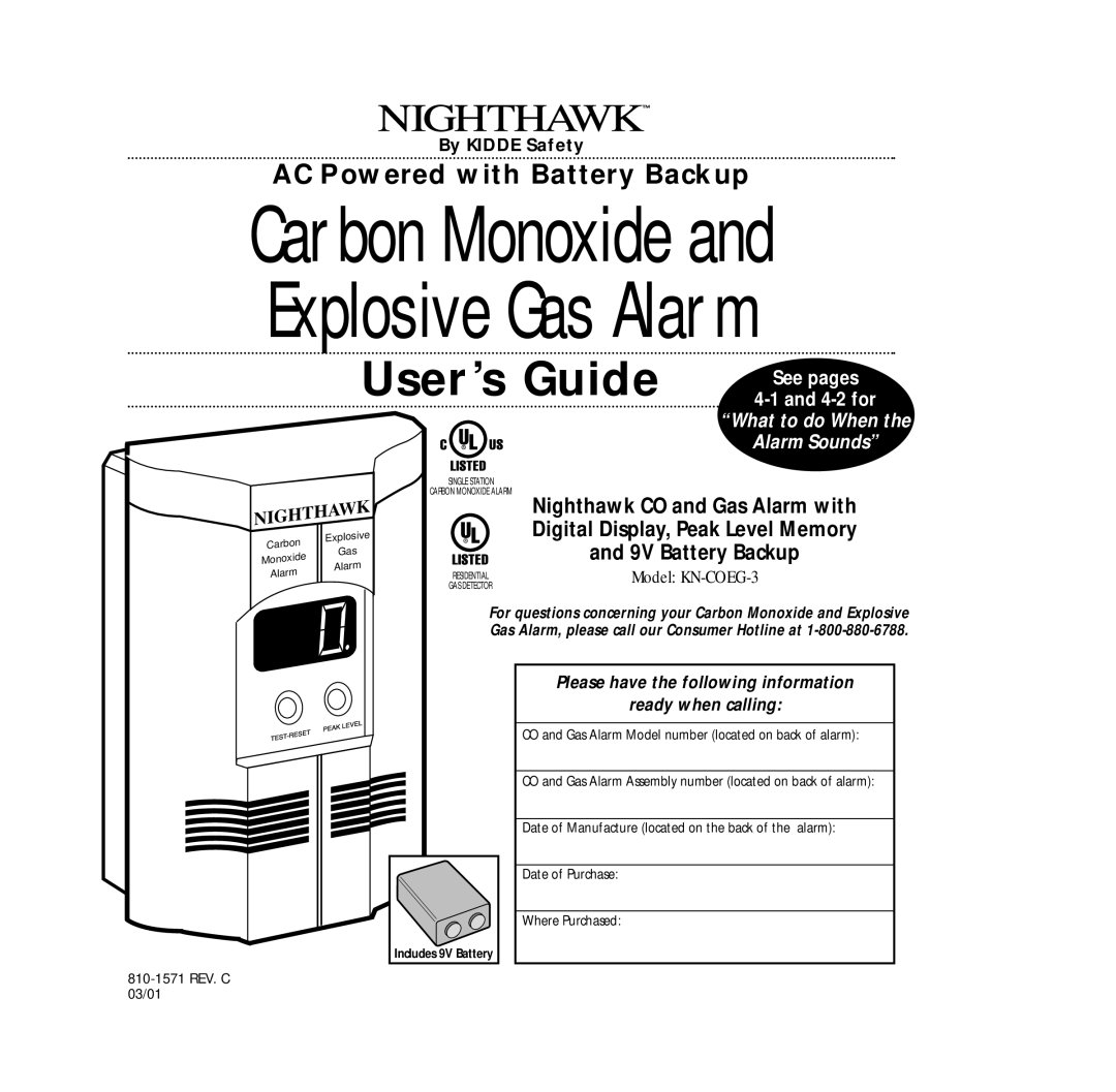 Nighthawk KN-COEG-3 manual Carbon Monoxide and Explosive Gas Alarm 