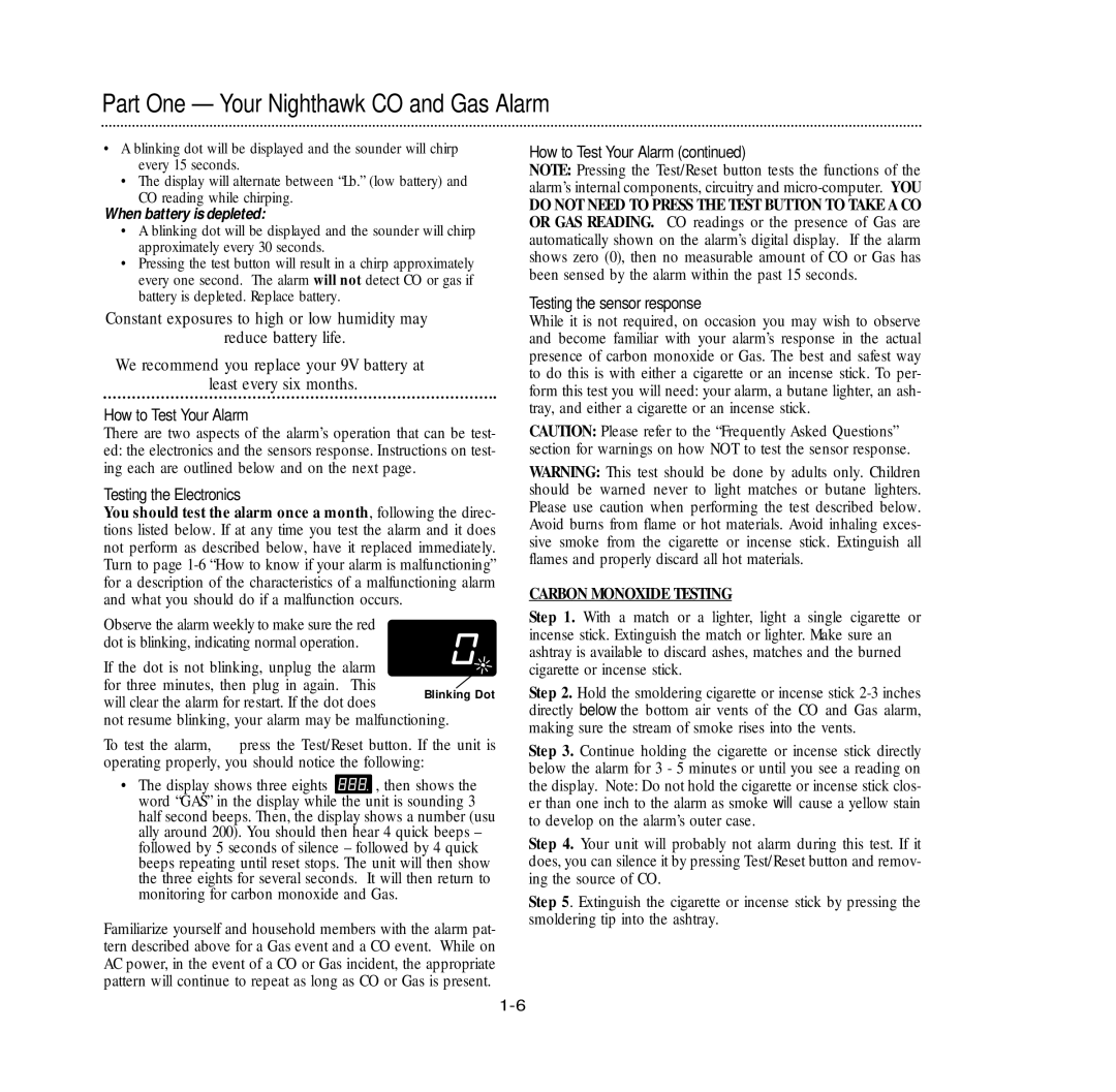 Nighthawk KN-COEG-3 manual How to Test Your Alarm, Testing the Electronics, Testing the sensor response 