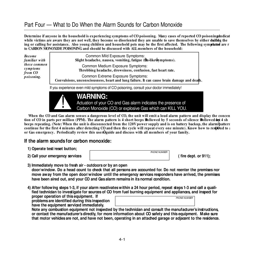 Nighthawk KN-COEG-3 manual Common Mild Exposure Symptoms, Common Medium Exposure Symptoms, Common Extreme Exposure Symptoms 