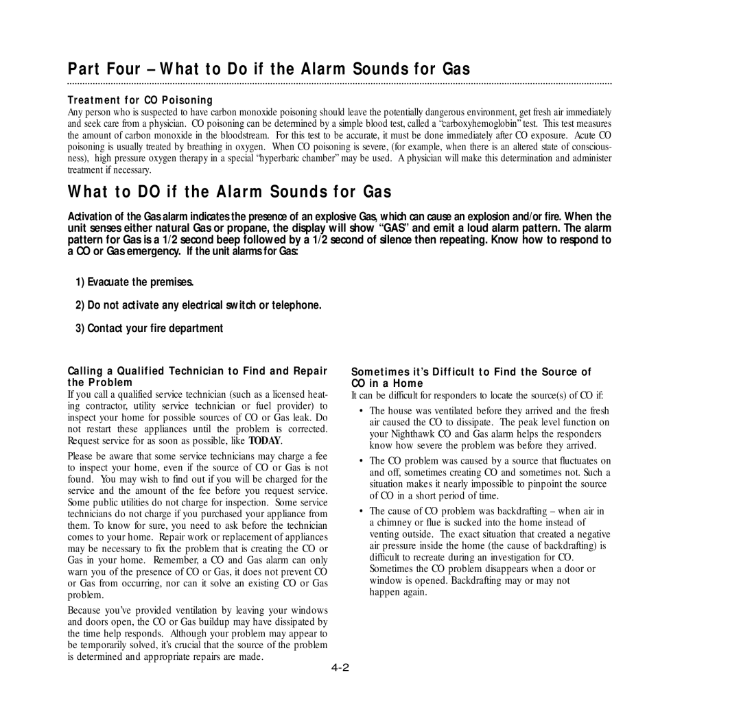 Nighthawk KN-COEG-3 manual Part Four What to Do if the Alarm Sounds for Gas, What to do if the Alarm Sounds for Gas 