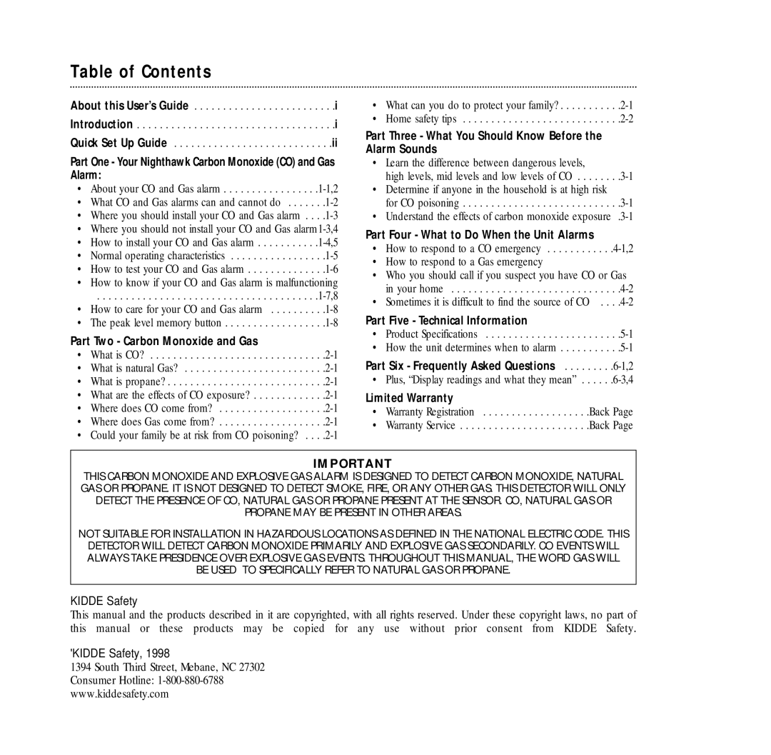 Nighthawk KN-COEG-3 manual Table of Contents 