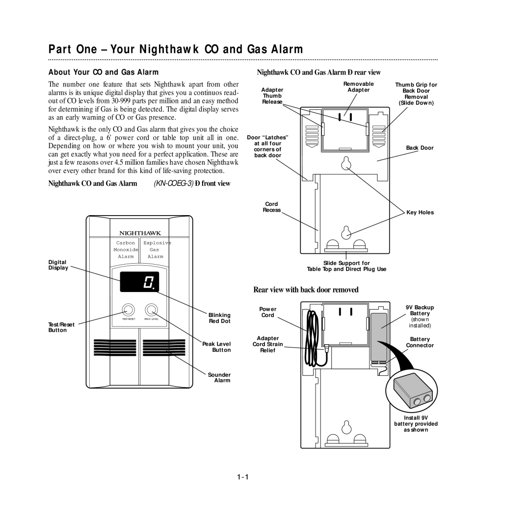 Nighthawk KN-COEG-3 manual Part One Your Nighthawk CO and Gas Alarm, About Your CO and Gas Alarm 