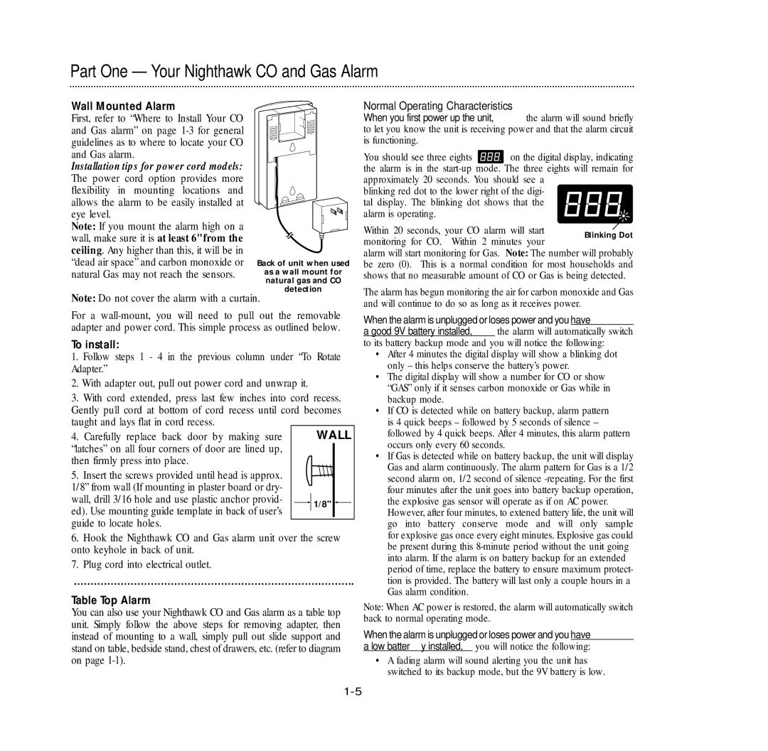 Nighthawk KN-COEG-3 manual Wall Mounted Alarm, Normal Operating Characteristics, Table Top Alarm 