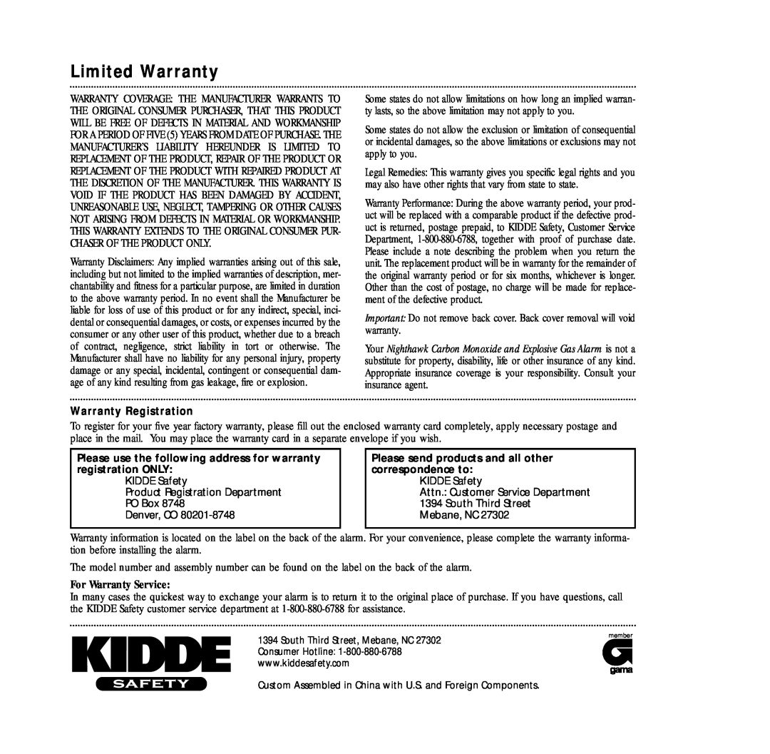 Nighthawk KN-COEG-3 manual Limited Warranty, Warranty Registration 