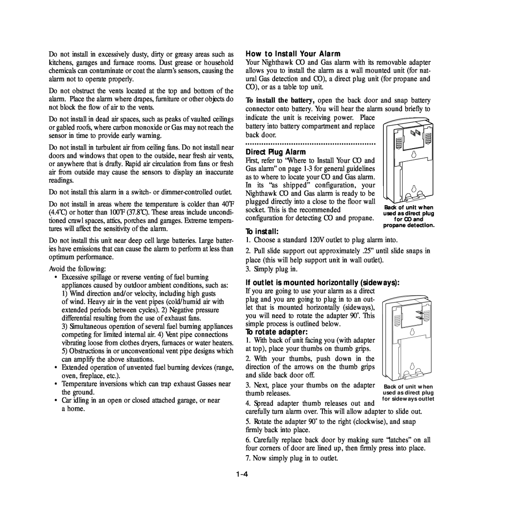 Nighthawk KN-COEG-3 manual How to Install Your Alarm, Direct Plug Alarm, To install, To rotate adapter 