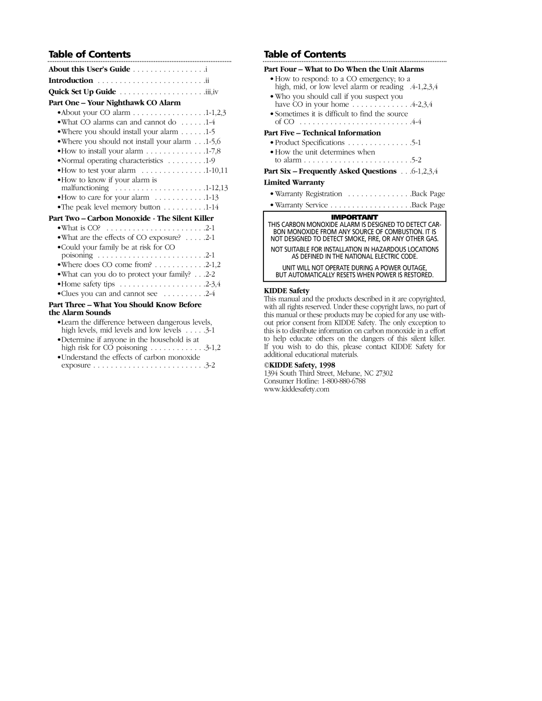 Nighthawk KN-COP-HW, KN-COP-C, KN-COP-DP warranty Table of Contents 