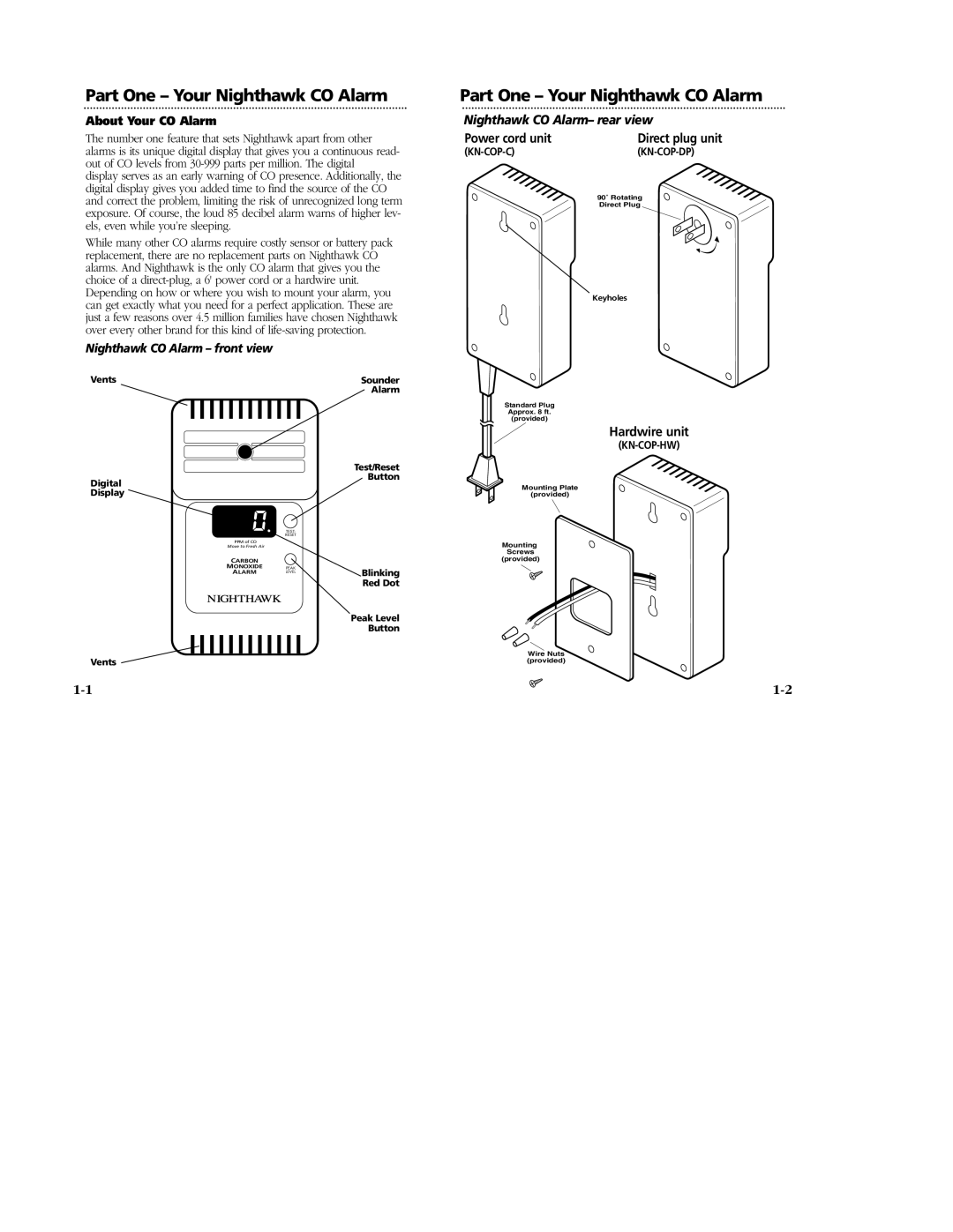 Nighthawk KN-COP-HW, KN-COP-C warranty Part One Your Nighthawk CO Alarm, About Your CO Alarm, Power cord unit, Hardwire unit 