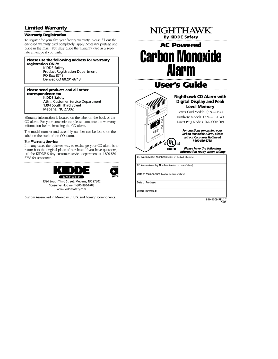 Nighthawk KN-COP-DP warranty Alarm, Carbon Monoxide, User’s Guide, AC Powered, By KIDDE Safety, Warranty Registration 