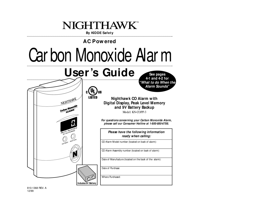 Nighthawk KN-COPP-3 manual Carbon Monoxide Alarm 