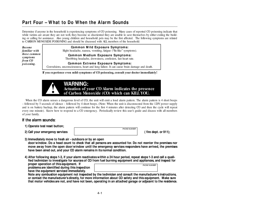 Nighthawk KN-COPP-3 manual Part Four What to Do When the Alarm Sounds, Common Mild Exposure Symptoms 