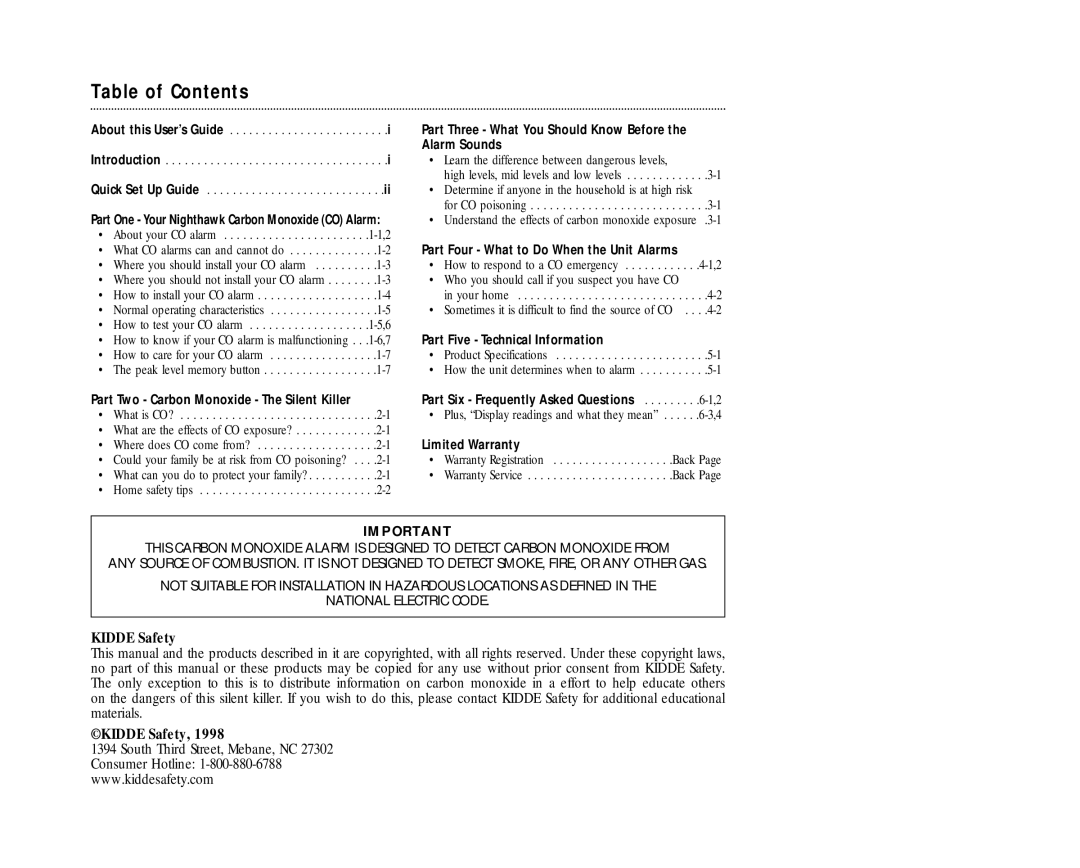 Nighthawk KN-COPP-3 manual Table of Contents 