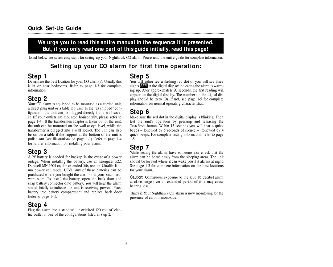 Nighthawk KN-COPP-3 manual Quick Set-Up Guide, Setting up your CO alarm for first time operation 