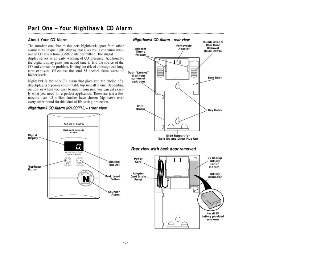 Nighthawk KN-COPP-3 manual Part One Your Nighthawk CO Alarm, About Your CO Alarm 